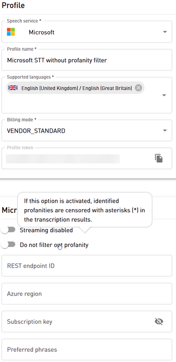 Microsoft STT with deactivated profanity filter