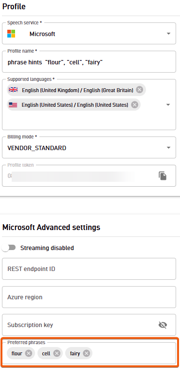 Speech profile for Microsoft STT with phrase list