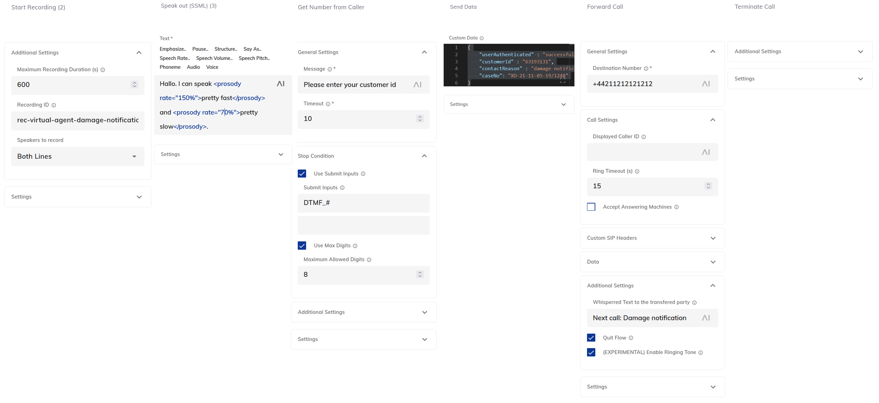 Some sample VIER Voice extension nodes in Cognigy flow editor